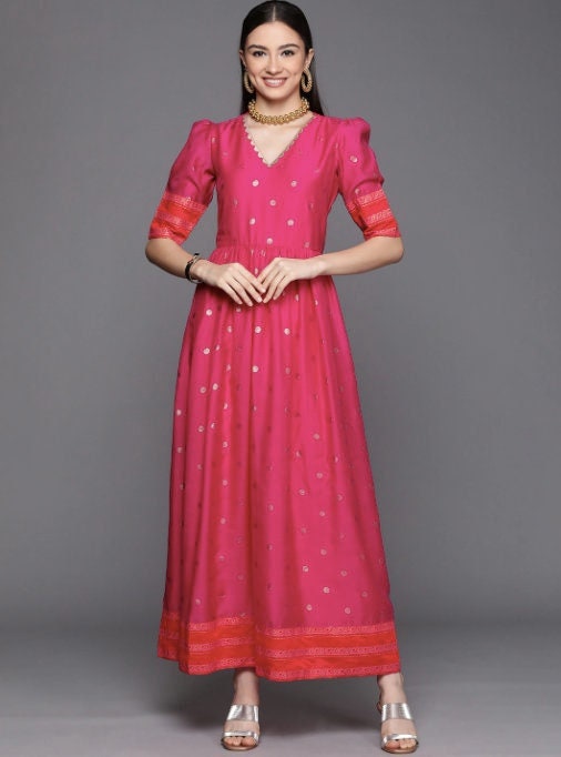 Puff Sleeve Ethnic Maxi Dress VitansEthnics
