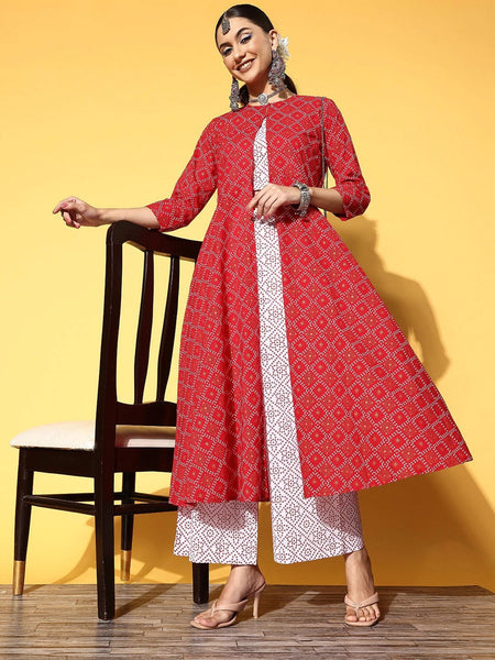 Women Red and Off-White Bandhani Print Pure Cotton Crop Top with Palazzos & Jacket, Indo Western Ethnic Set for women, wedding wear outfit VitansEthnics
