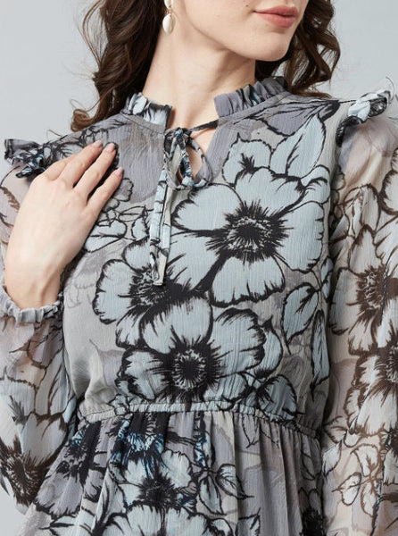 Grey & Black Floral Printed Maxi Dress VitansEthnics