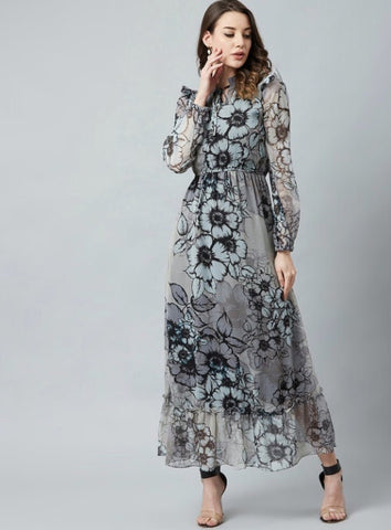 Grey & Black Floral Printed Maxi Dress VitansEthnics