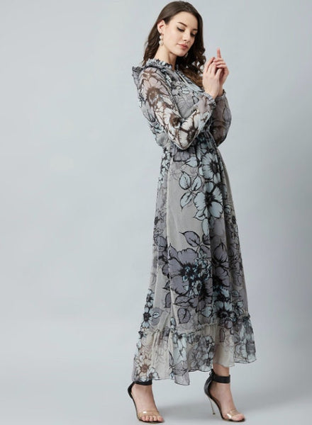 Grey & Black Floral Printed Maxi Dress VitansEthnics