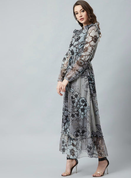 Grey & Black Floral Printed Maxi Dress VitansEthnics