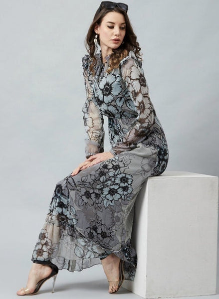 Grey & Black Floral Printed Maxi Dress VitansEthnics
