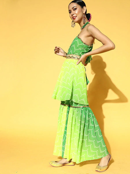 Women Bandhani Printed One Shoulder Kurta & Sharara with Belt, Indo Western Outfit, Indian Dress, Sharara Suit Set, Indian Suit Set, Fusion VitansEthnics