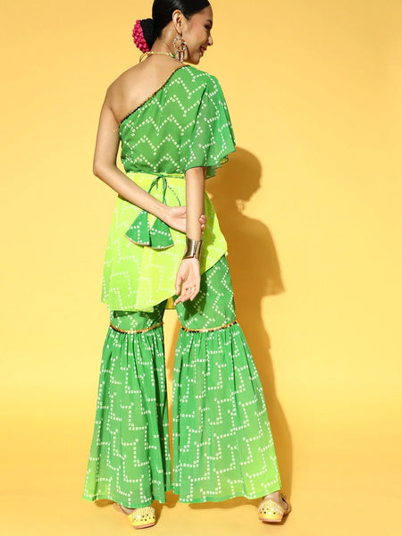 Women Bandhani Printed One Shoulder Kurta & Sharara with Belt, Indo Western Outfit, Indian Dress, Sharara Suit Set, Indian Suit Set, Fusion VitansEthnics
