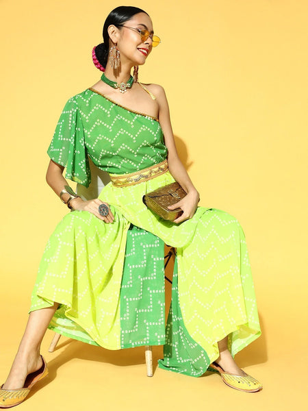 Women Bandhani Printed One Shoulder Kurta & Sharara with Belt, Indo Western Outfit, Indian Dress, Sharara Suit Set, Indian Suit Set, Fusion VitansEthnics