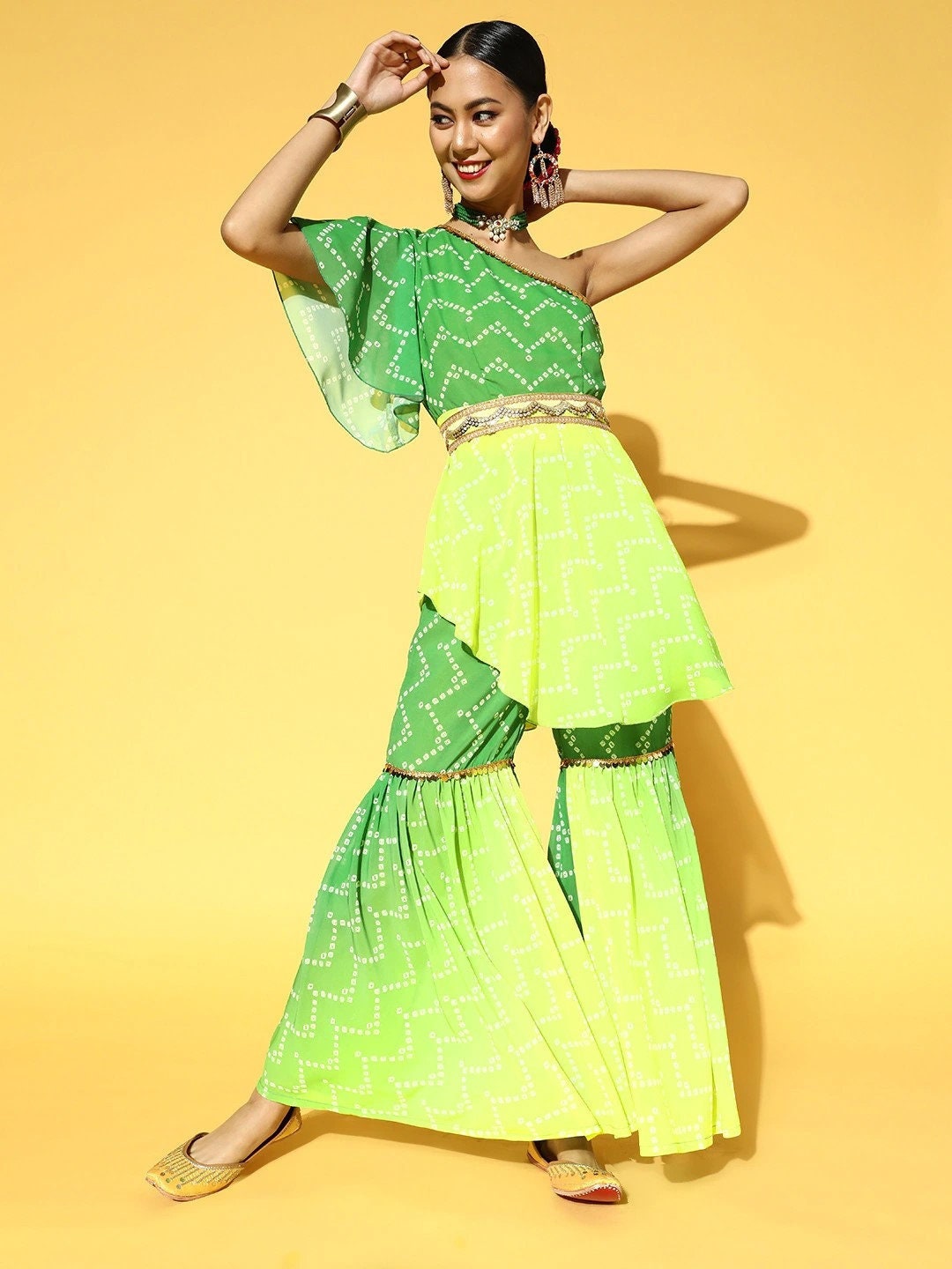 Women Bandhani Printed One Shoulder Kurta & Sharara with Belt, Indo Western Outfit, Indian Dress, Sharara Suit Set, Indian Suit Set, Fusion VitansEthnics