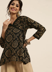 Black & Gold-Toned Printed Wrap Top VitansEthnics