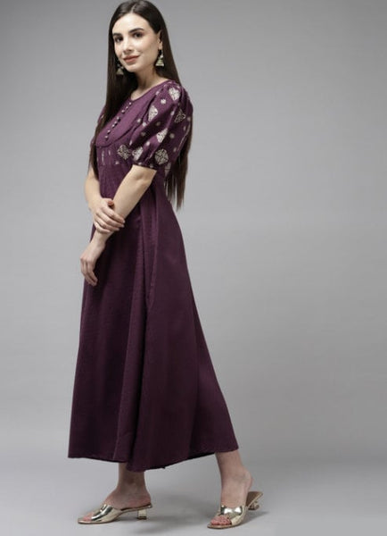Burgundy Solid A-Line Ethnic Maxi Dress VitansEthnics