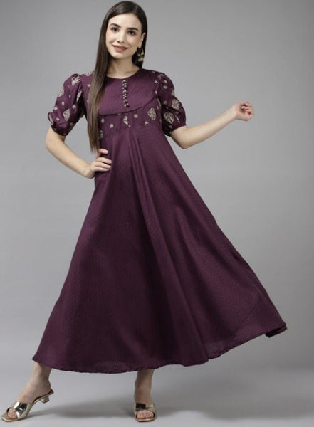 Burgundy Solid A-Line Ethnic Maxi Dress VitansEthnics
