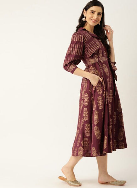 Burgundy & Golden Hand Block Printed Ethnic A-Line Midi Dress VitansEthnics