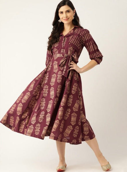 Burgundy & Golden Hand Block Printed Ethnic A-Line Midi Dress VitansEthnics