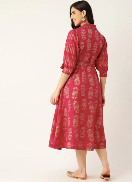 Burgundy & Golden Hand Block Printed Ethnic A-Line Midi Dress VitansEthnics