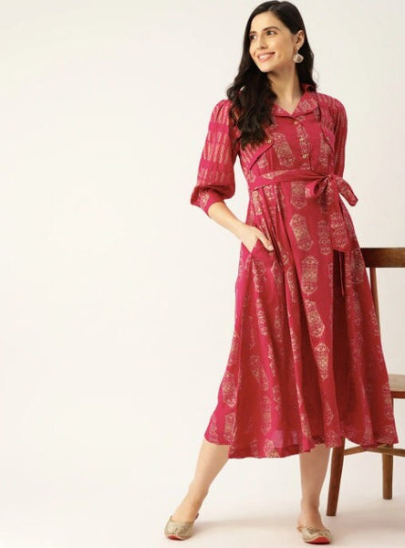 Burgundy & Golden Hand Block Printed Ethnic A-Line Midi Dress VitansEthnics