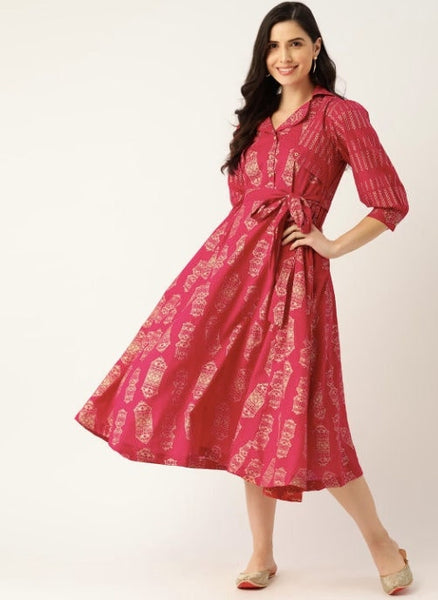Burgundy & Golden Hand Block Printed Ethnic A-Line Midi Dress VitansEthnics