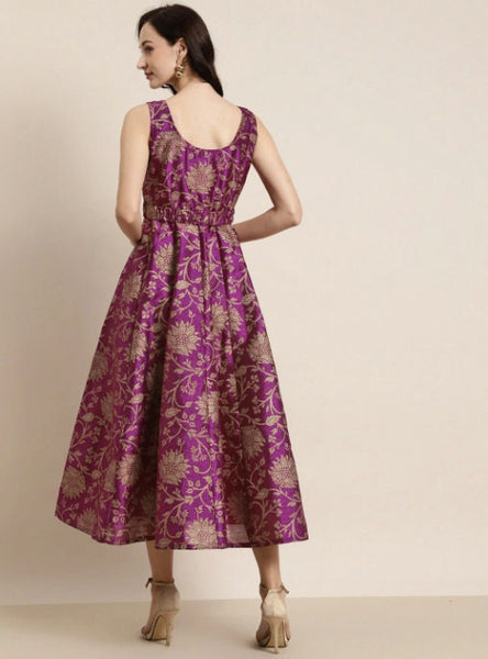 Floral Jacquard Self-Belt Maxi Dress VitansEthnics