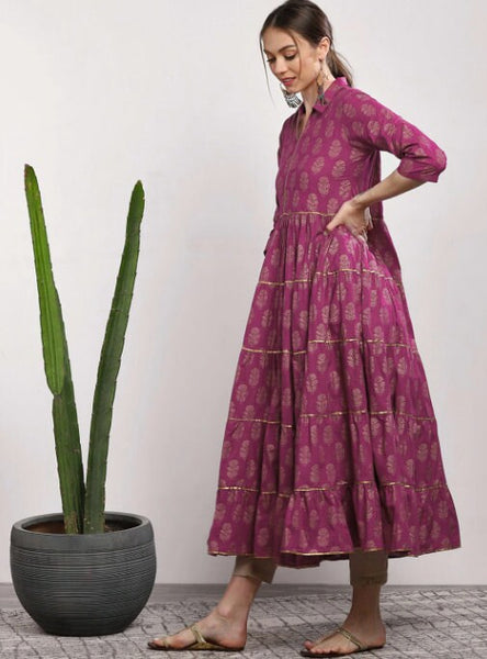 Women Pink Printed Tiered Anarkali Kurta, Indo Western Dress For Women, Indian Dress, Printed Fusion Dress, Anarkali Dress, Flared Kurti VitansEthnics