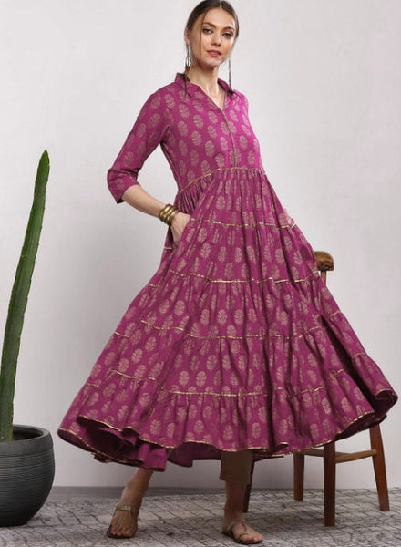 Women Pink Printed Tiered Anarkali Kurta, Indo Western Dress For Women, Indian Dress, Printed Fusion Dress, Anarkali Dress, Flared Kurti VitansEthnics
