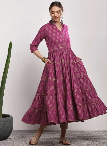 Women Pink Printed Tiered Anarkali Kurta, Indo Western Dress For Women, Indian Dress, Printed Fusion Dress, Anarkali Dress, Flared Kurti VitansEthnics