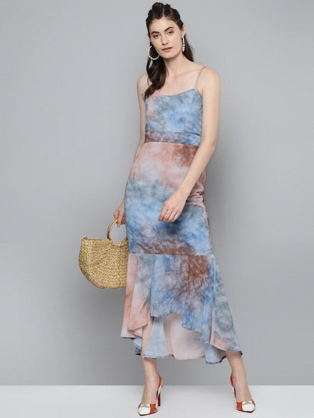 Blue and Brown Tie & Dye Printed Smocked A Line Dress VitansEthnics