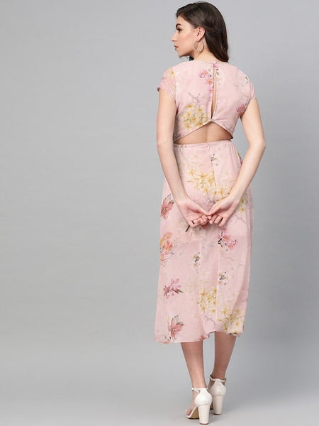 Peach Coloured Pink Floral Printed A-Line Dress VitansEthnics