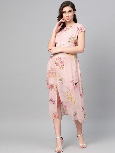 Peach Coloured Pink Floral Printed A-Line Dress VitansEthnics