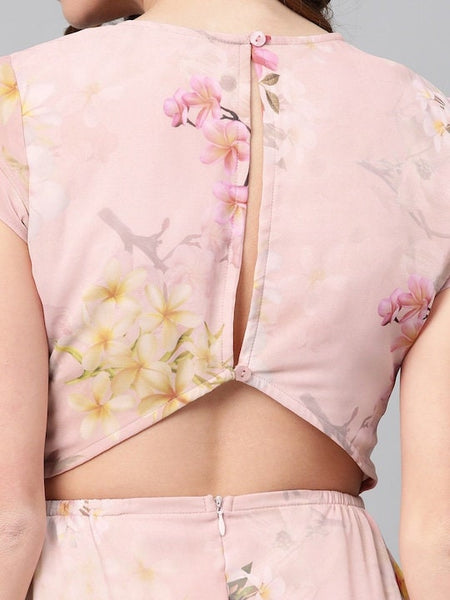 Peach Coloured Pink Floral Printed A-Line Dress VitansEthnics
