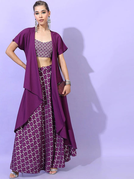 Women Purple Panelled Crop Top With Skirt And Long Jacket, Indo Western Ethnic Set for women, designer party wear suit for her, Wedding Wear VitansEthnics