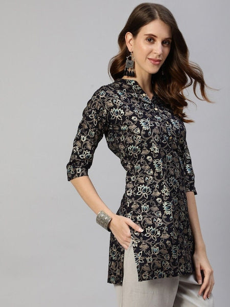 Navy Blue And Gold Ethnic Motifs Foil Printed Kurti VitansEthnics