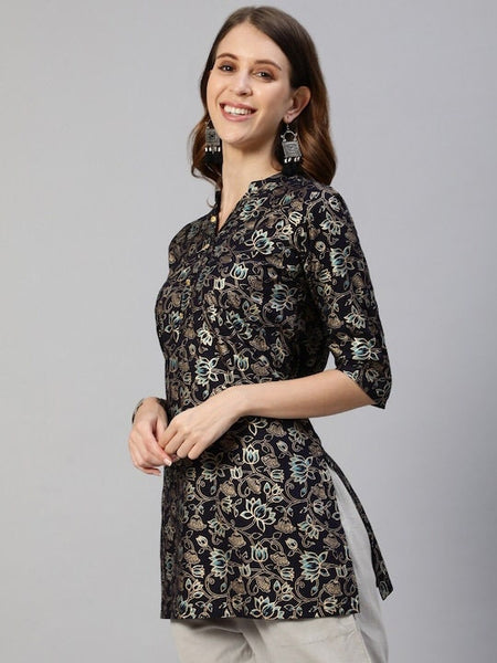 Navy Blue And Gold Ethnic Motifs Foil Printed Kurti VitansEthnics