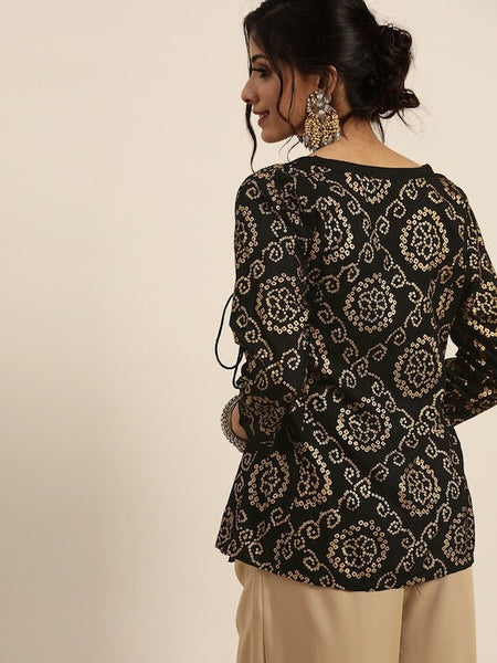 Black & Gold-Toned Printed Wrap Top VitansEthnics