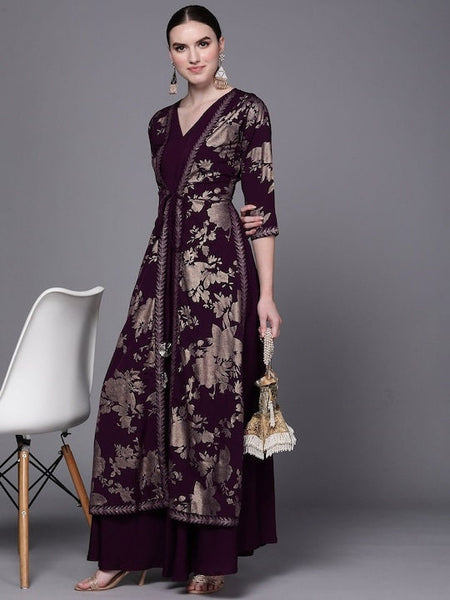 Burgundy Floral Fit & Flare Ethnic Maxi Dress, Attached Jacket Dress VitansEthnics