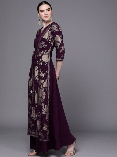 Burgundy Floral Fit & Flare Ethnic Maxi Dress, Attached Jacket Dress VitansEthnics