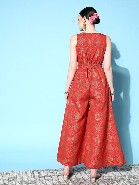 Women Brocade Jumpsuit With Embellished Belt VitansEthnics