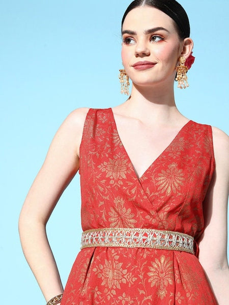 Women Brocade Jumpsuit With Embellished Belt VitansEthnics