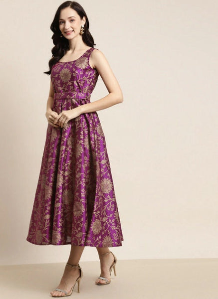 Floral Jacquard Self-Belt Maxi Dress VitansEthnics