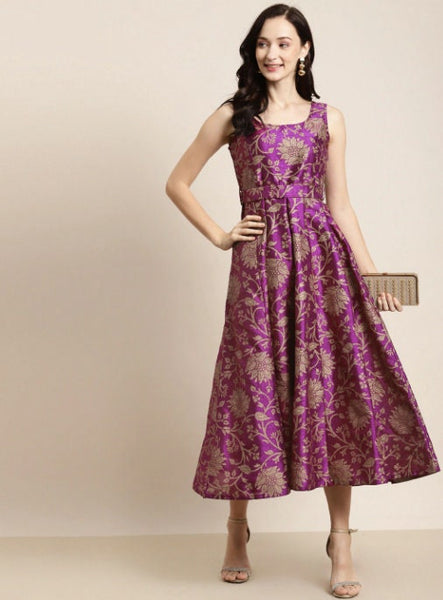 Floral Jacquard Self-Belt Maxi Dress VitansEthnics
