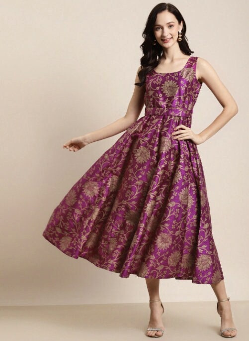 Floral Jacquard Self-Belt Maxi Dress VitansEthnics