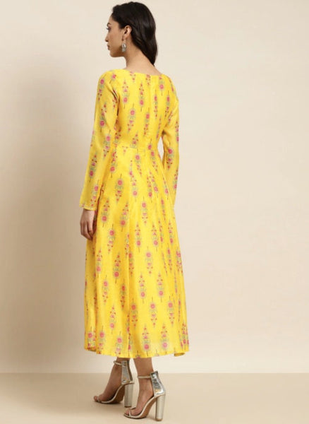 Yellow & Pink Ethnic Motifs Crepe Ethnic Midi Dress VitansEthnics