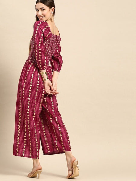 Magenta & Navy Blue Geometric Printed Smocked Jumpsuit VitansEthnics