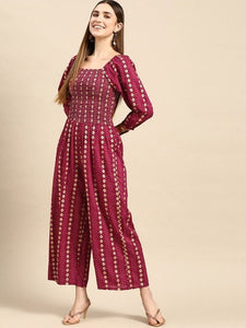 Magenta & Navy Blue Geometric Printed Smocked Jumpsuit VitansEthnics