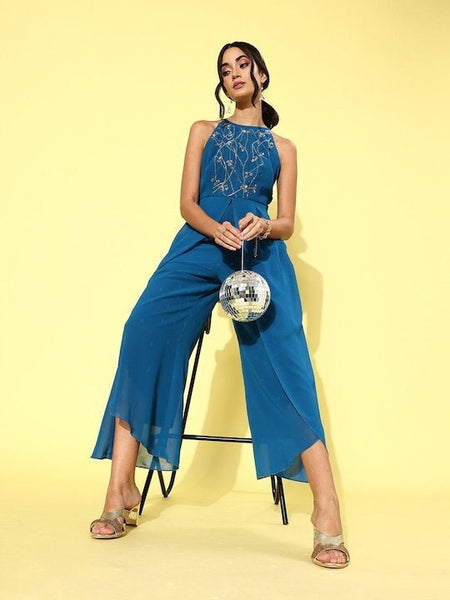 Women Blue Solid Bling and Sparkly Jumpsuit VitansEthnics