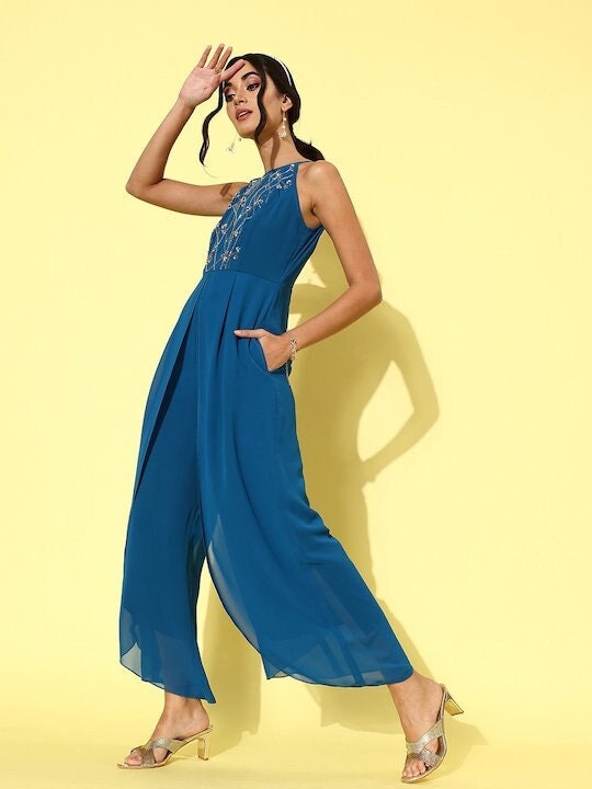 Women Blue Solid Bling and Sparkly Jumpsuit VitansEthnics