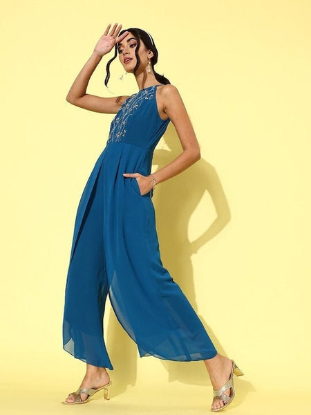 Women Blue Solid Bling and Sparkly Jumpsuit VitansEthnics