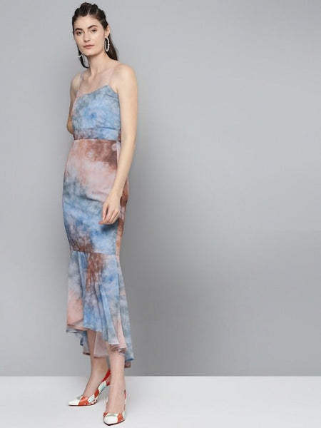Blue and Brown Tie & Dye Printed Smocked A Line Dress VitansEthnics