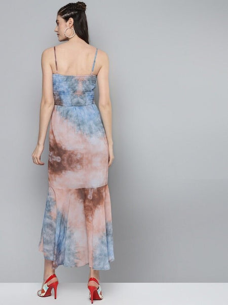 Blue and Brown Tie & Dye Printed Smocked A Line Dress VitansEthnics