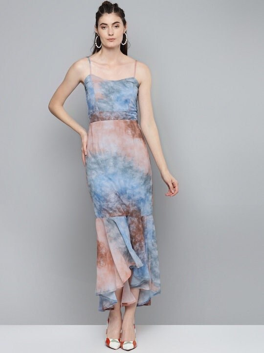 Blue and Brown Tie & Dye Printed Smocked A Line Dress VitansEthnics