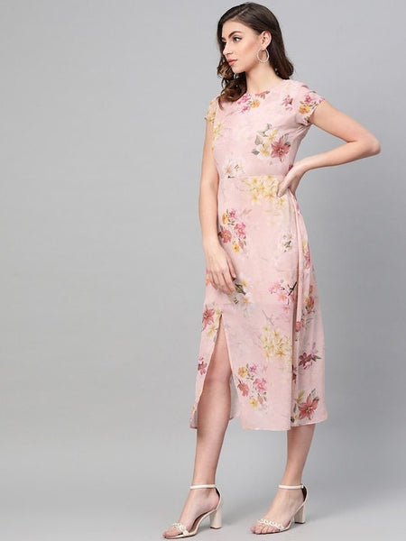 Peach Coloured Pink Floral Printed A-Line Dress VitansEthnics