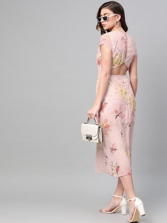Peach Coloured Pink Floral Printed A-Line Dress VitansEthnics
