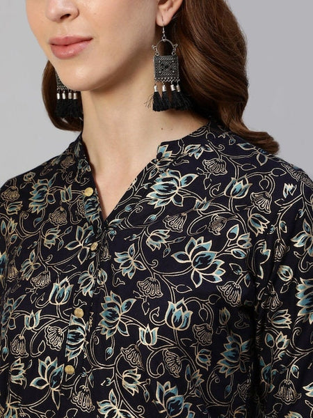 Navy Blue And Gold Ethnic Motifs Foil Printed Kurti VitansEthnics